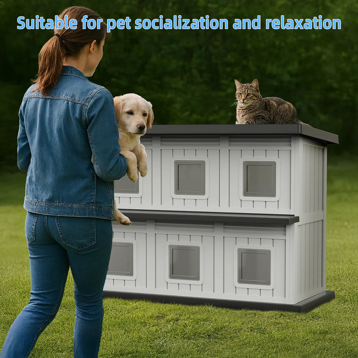 Double Tier Weatherproof Cat House For Indoor Outdoor Use