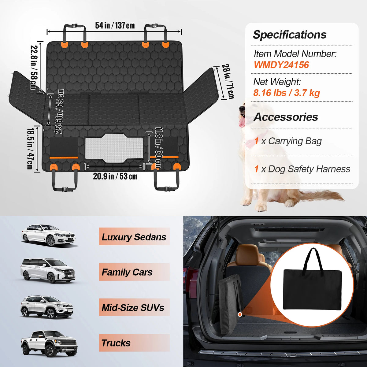 SucceBuy Dog Back Seat Extender Bed Mesh Window Storage Pocket