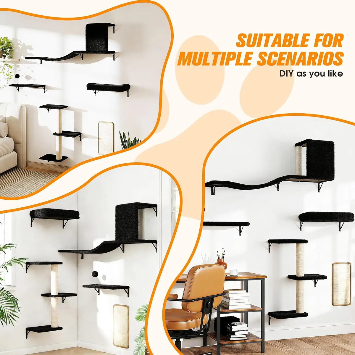 Wall Mounted Cat Tree And Shelves With Sisal Scratching Post