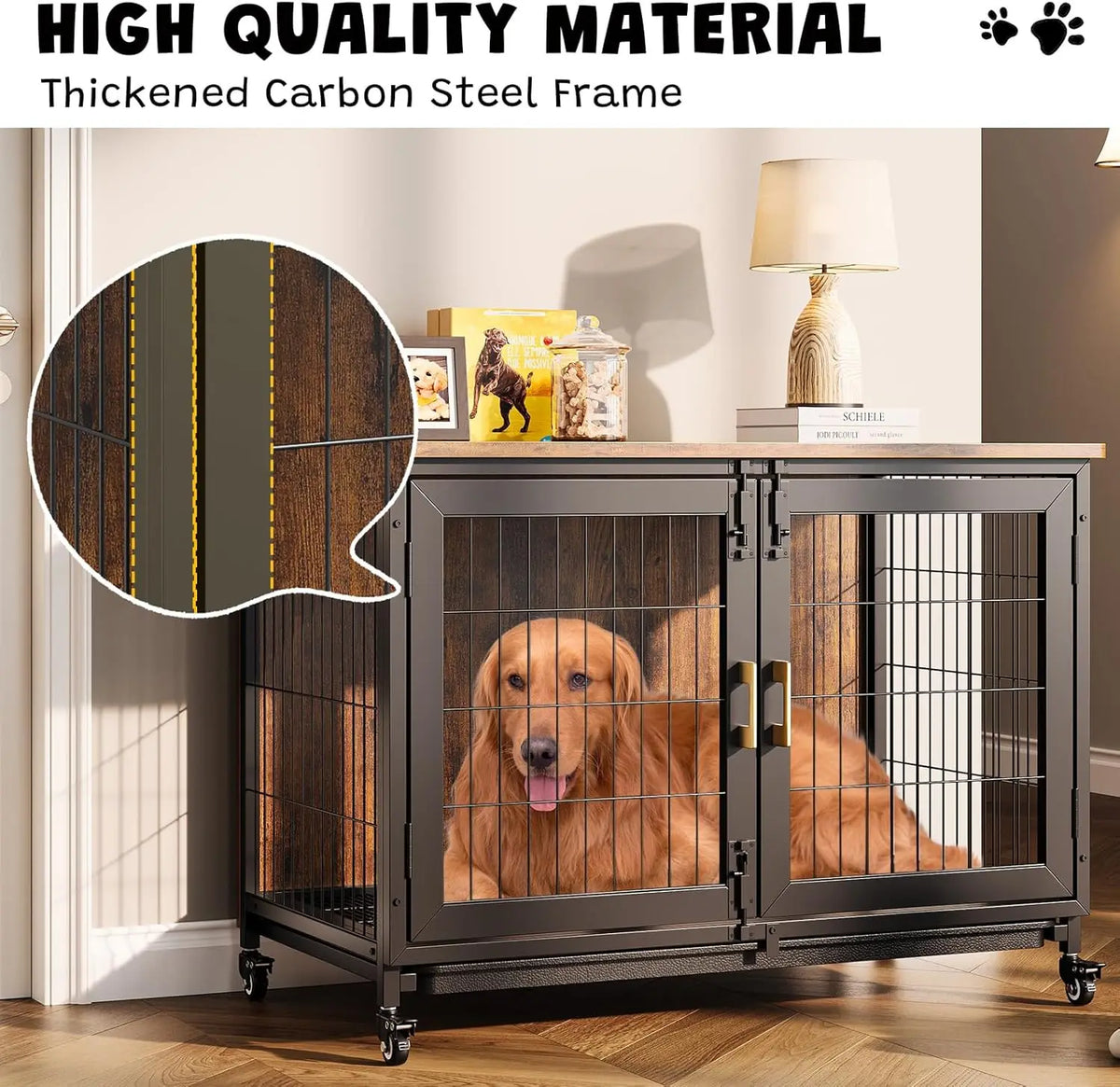 HiMISS Wooden Dog Crate Furniture With Heavy Steel Frame Wheels