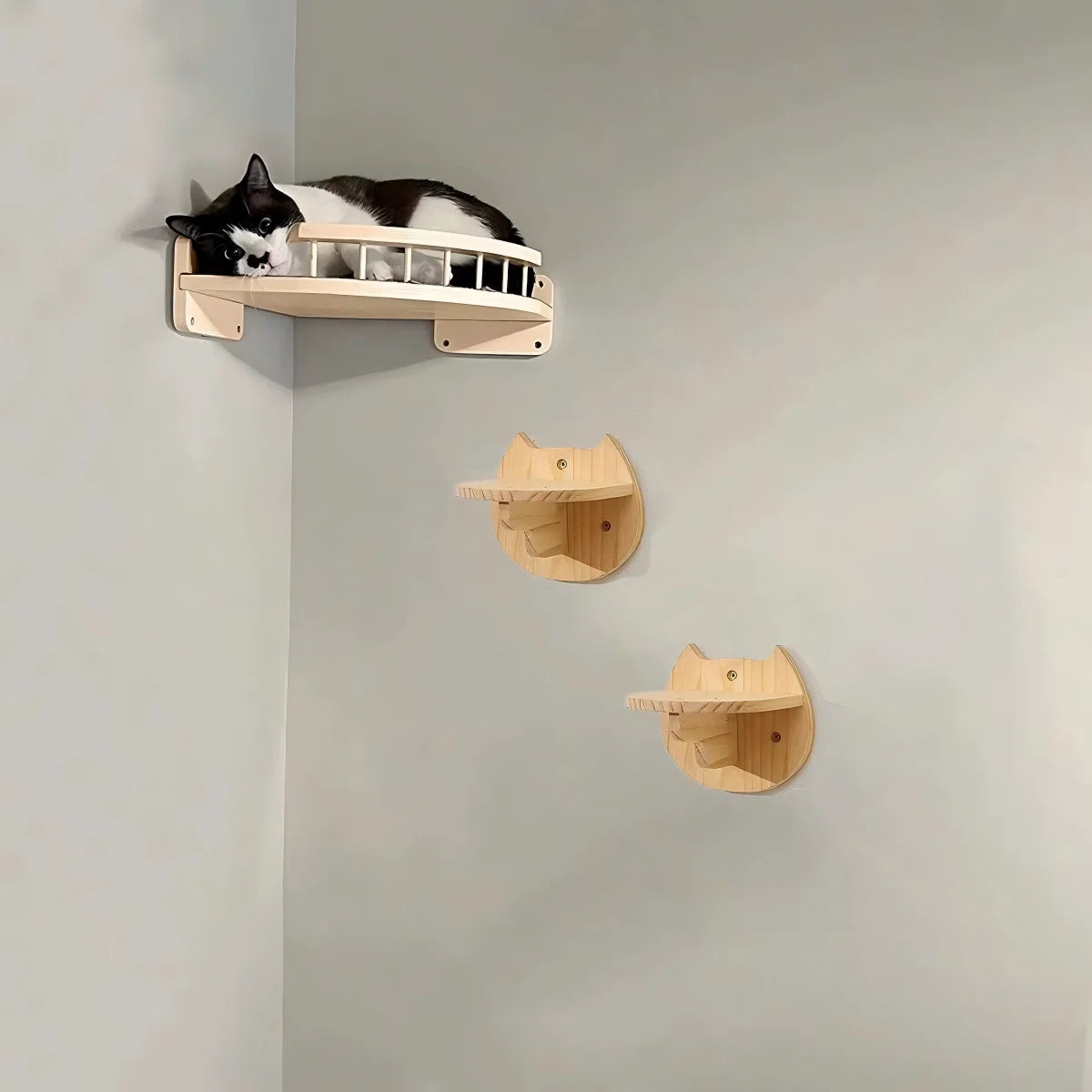 CWV Wall Mounted Wooden Corner Cat Tree And Hammock Set
