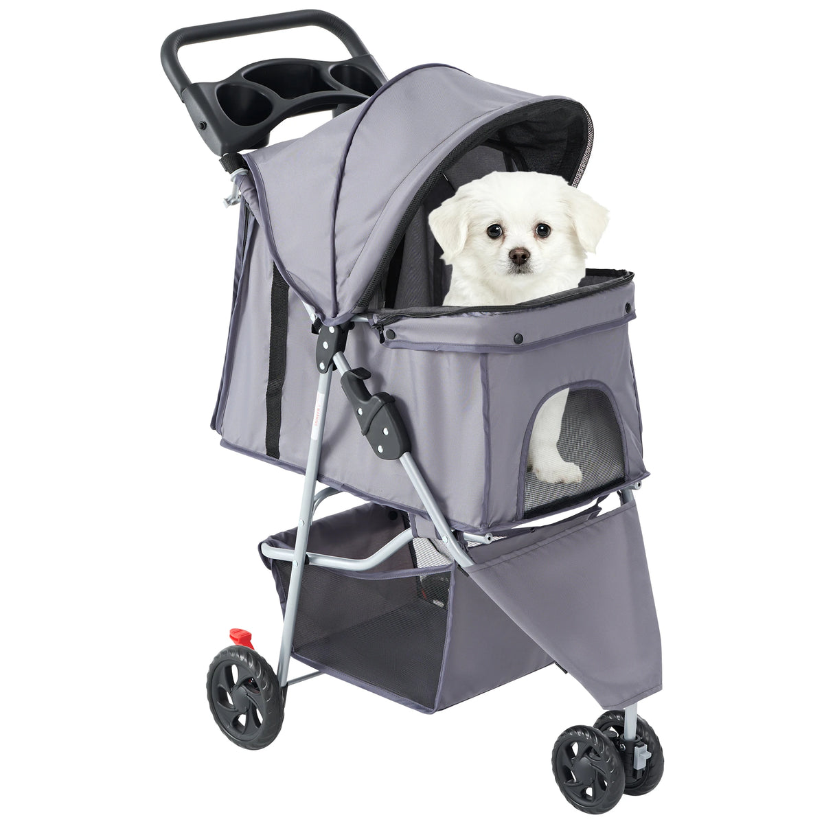 Foldable Three Wheel Pet Stroller With Storage Basket