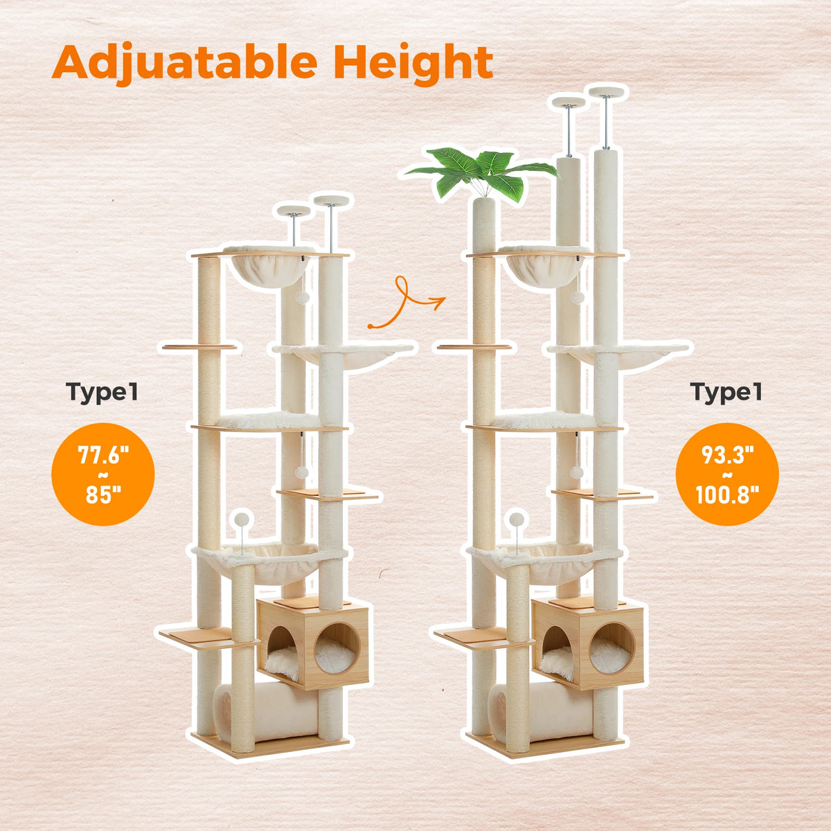 PAWZ Road Height Adjustable Wooden Cat Tower With Hammock