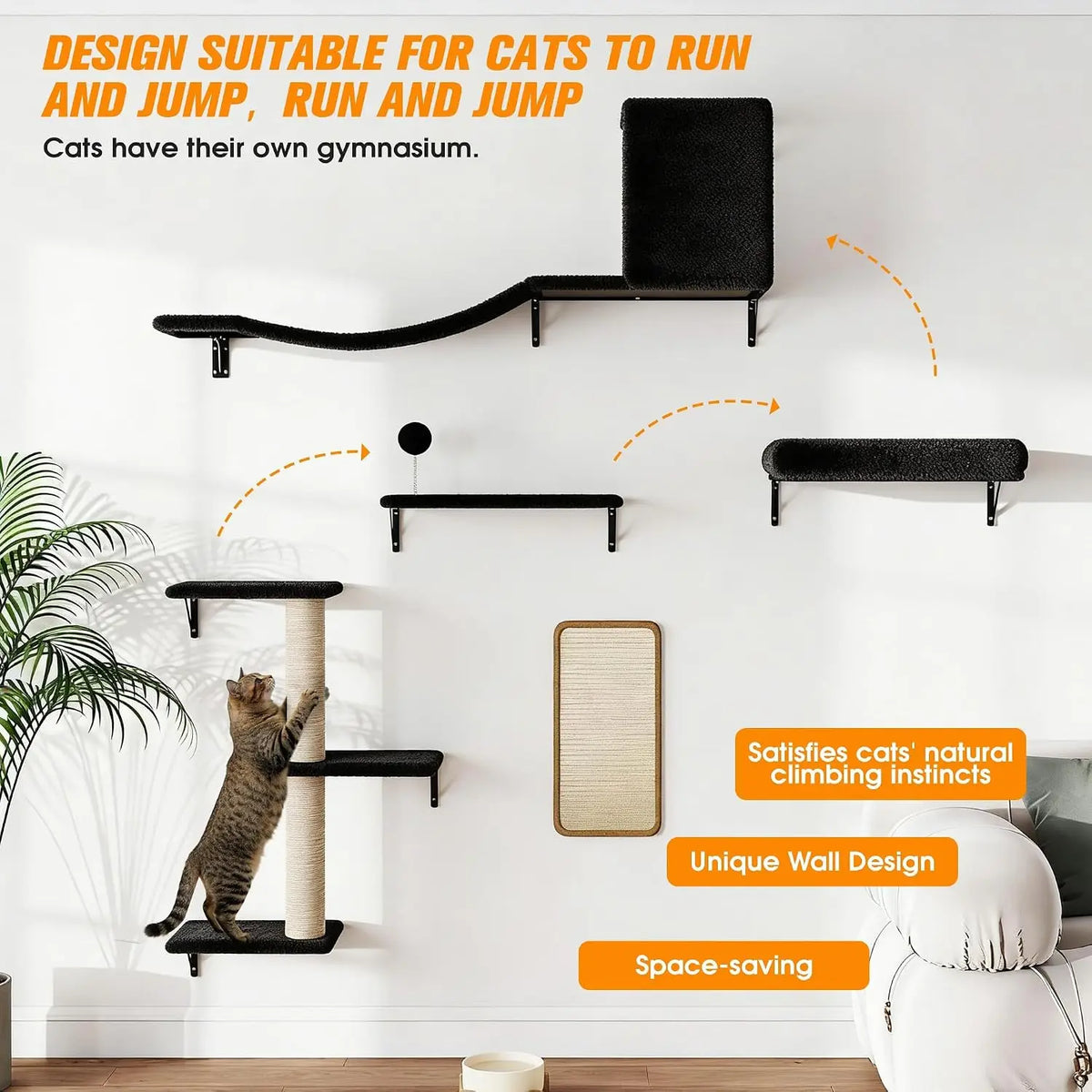 Wall Mounted Cat Tree And Shelves With Sisal Scratching Post