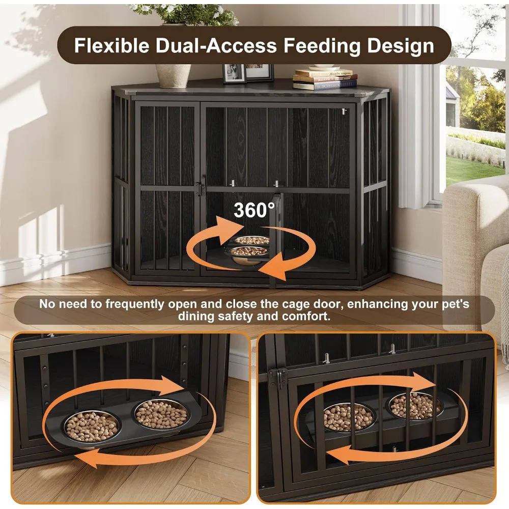 Corner Dog Crate Furniture with Feeding Bowls and Revolving Door