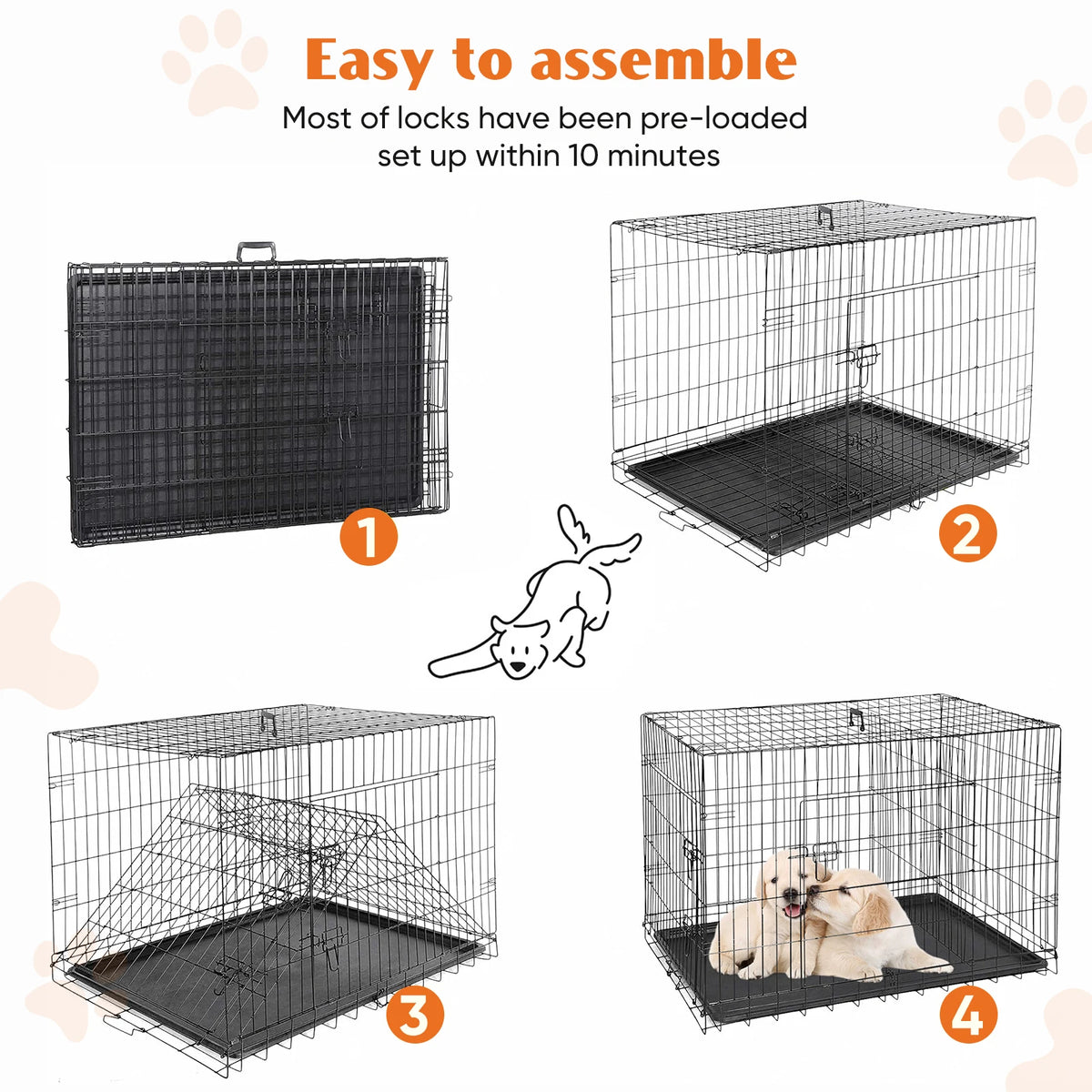 Jhk Double Door Folding Metal Dog Crate Leakproof Tray