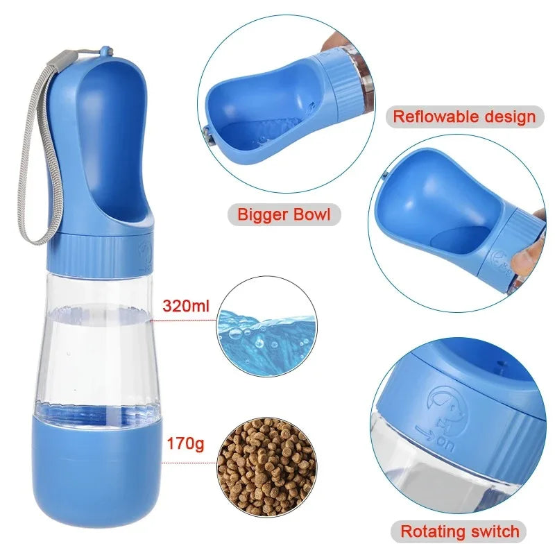 Portable Pet Travel Water Bottle With Integrated Food Container