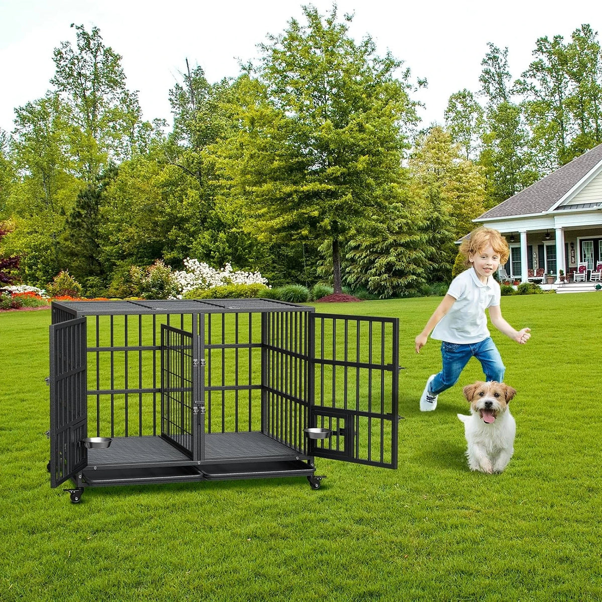 ANIXOL Heavy Duty Metal Dog Crate With Double Door Wheels