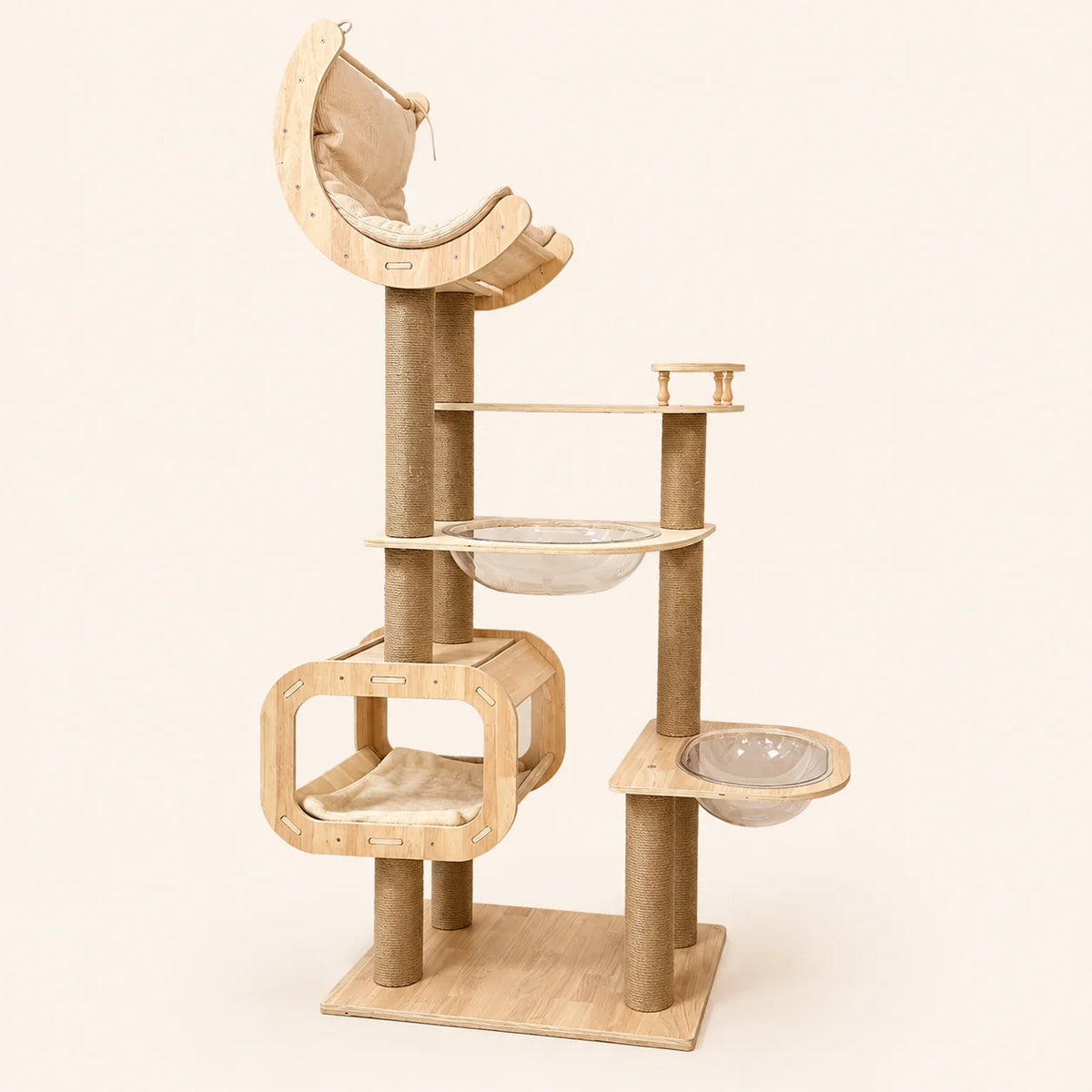 Wooden Cat Tree Tower With Moon Hammock And Sisal Posts