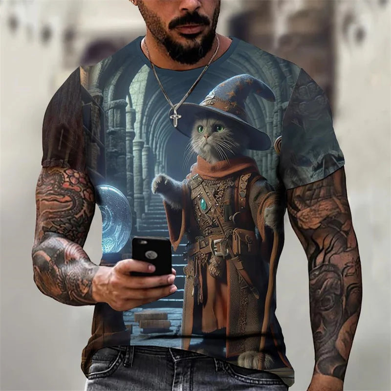 3D Printed Magical Wizard Cat Graphic T Shirt For Men###