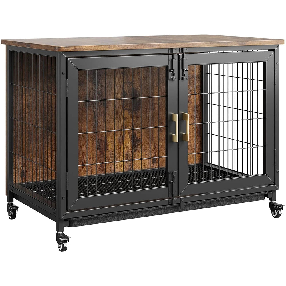 HiMISS Wooden Dog Crate Furniture With Heavy Steel Frame Wheels