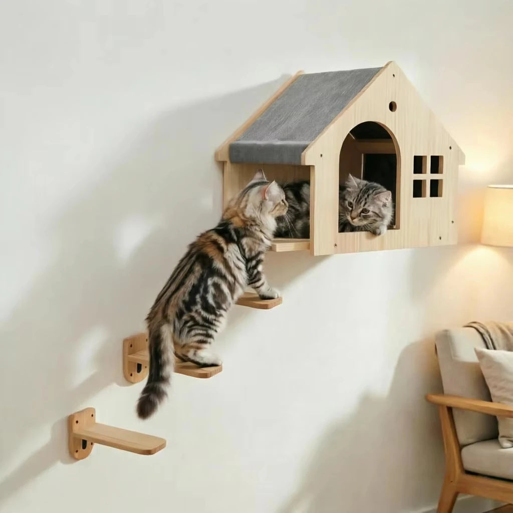 CWV Wooden Wall Mounted Cat Villa Climbing Shelf Unit