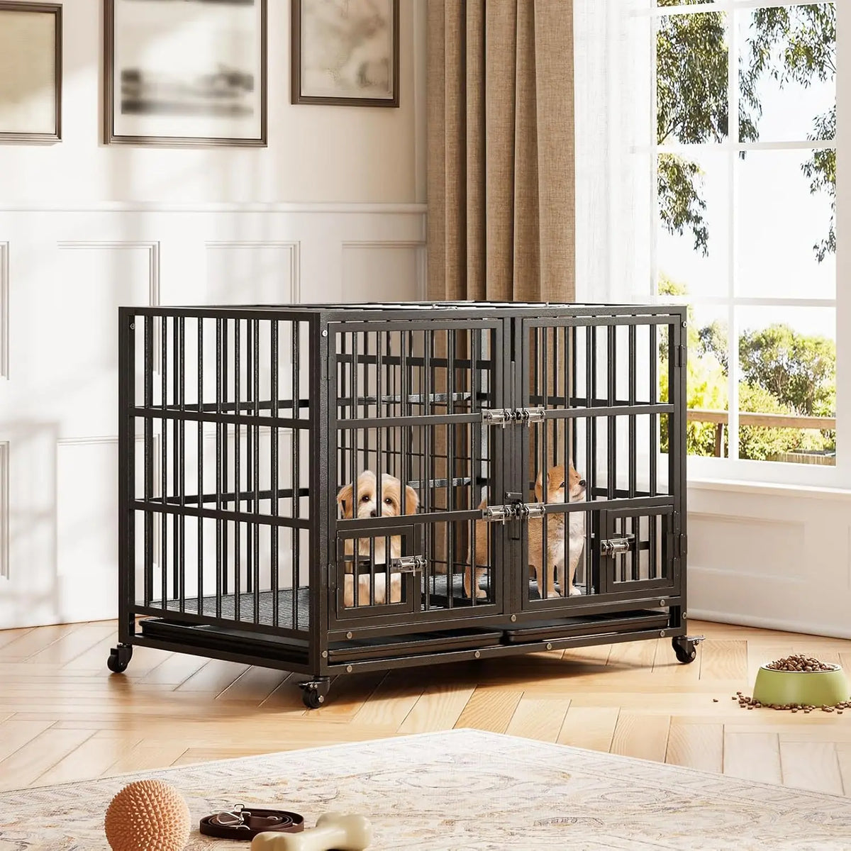 ANIXOL Heavy Duty Metal Dog Crate With Double Door Wheels