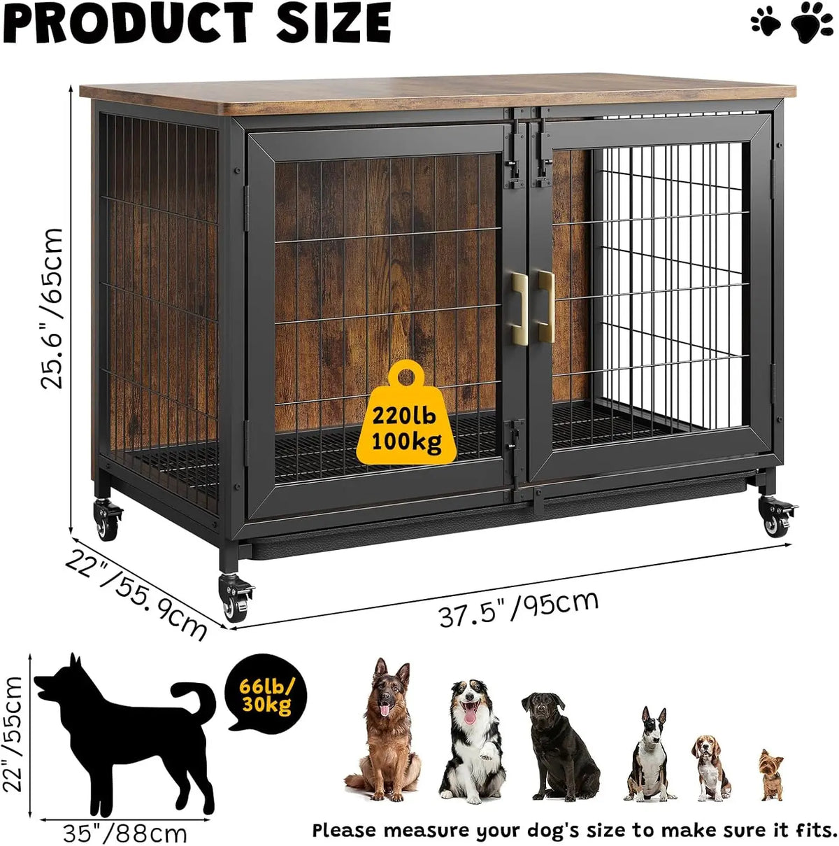 HiMISS Wooden Dog Crate Furniture With Heavy Steel Frame Wheels