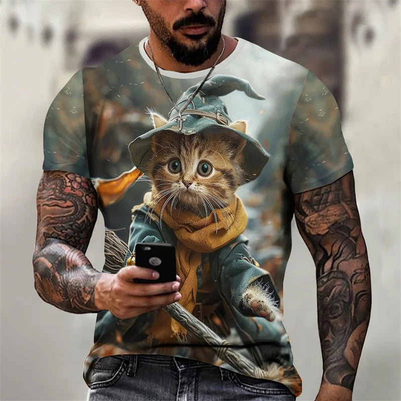 3D Printed Magical Wizard Cat Graphic T Shirt For Men###