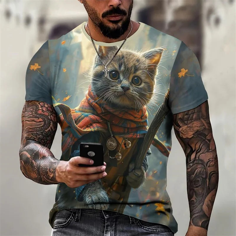 3D Printed Magical Wizard Cat Graphic T Shirt For Men###