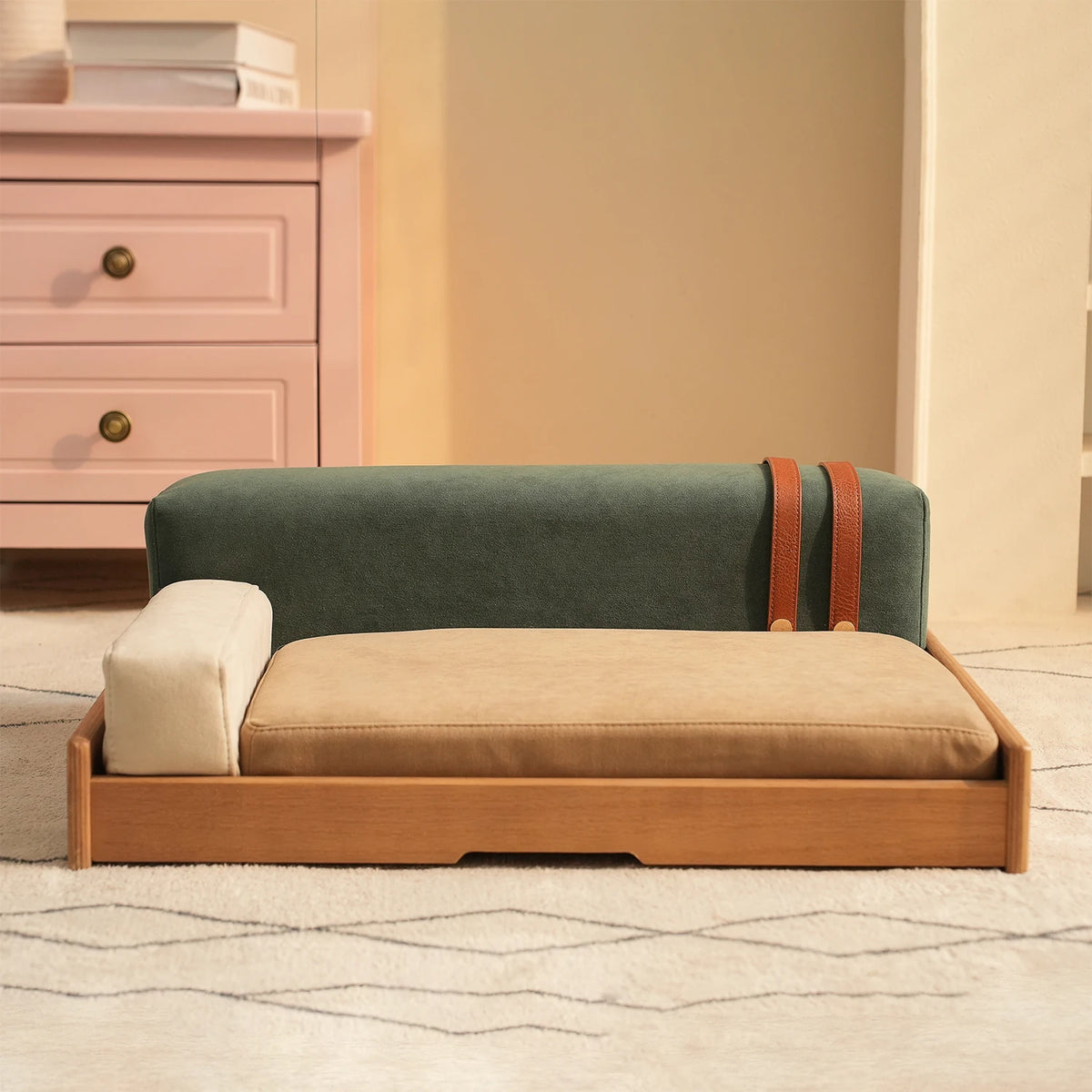 Modern Oak Veneer Pet Bed With Removable Cushion For Dogs