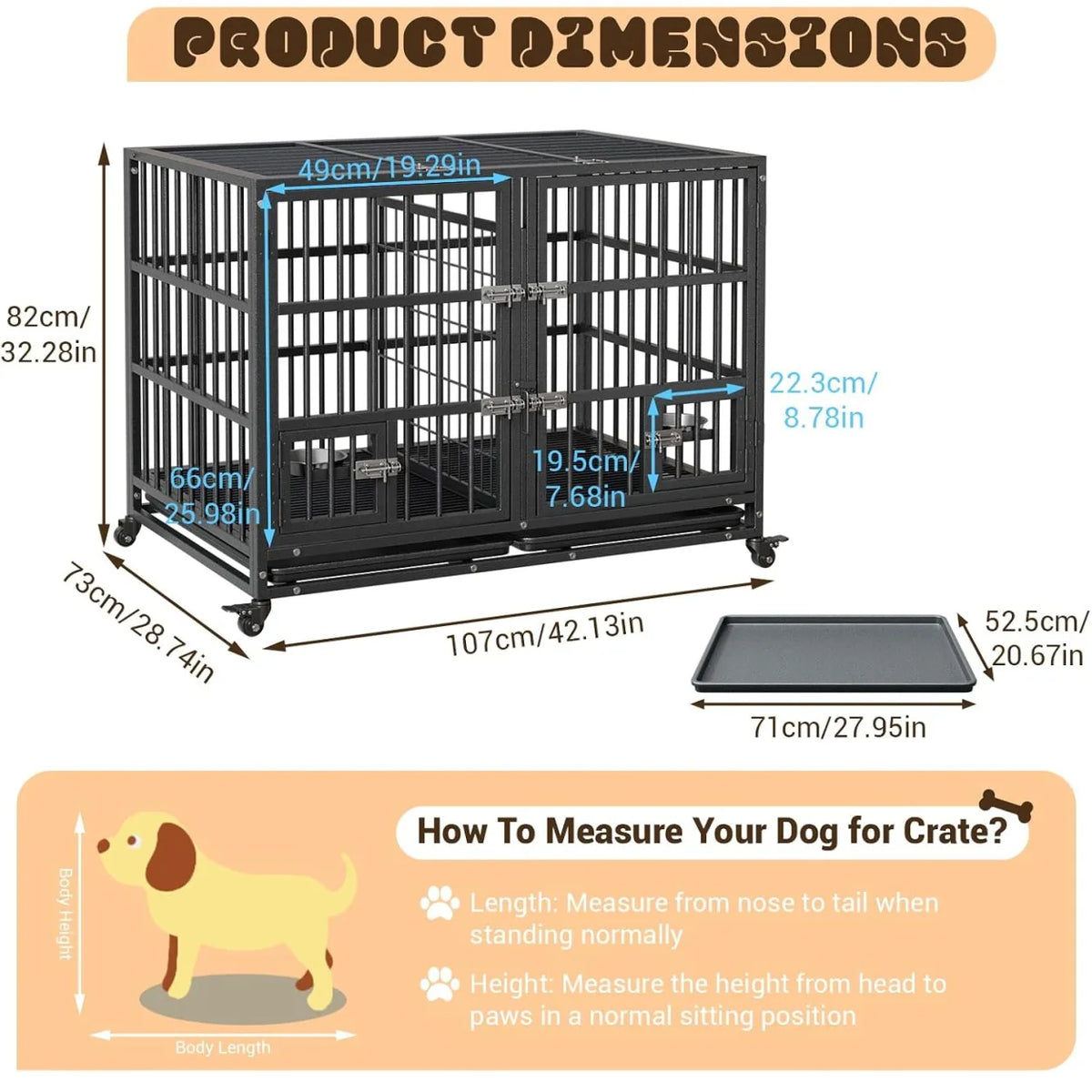 ANIXOL Heavy Duty Metal Dog Crate With Double Door Wheels