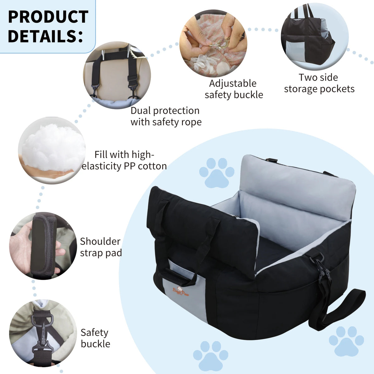 Borwart Portable Dog Car Seat With Safety Belt Washable Cover