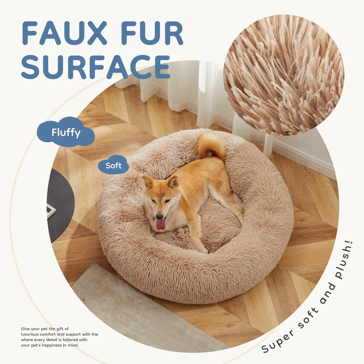 MCQ Round Faux Fur Plush Dog Bed Anti Slip Backing