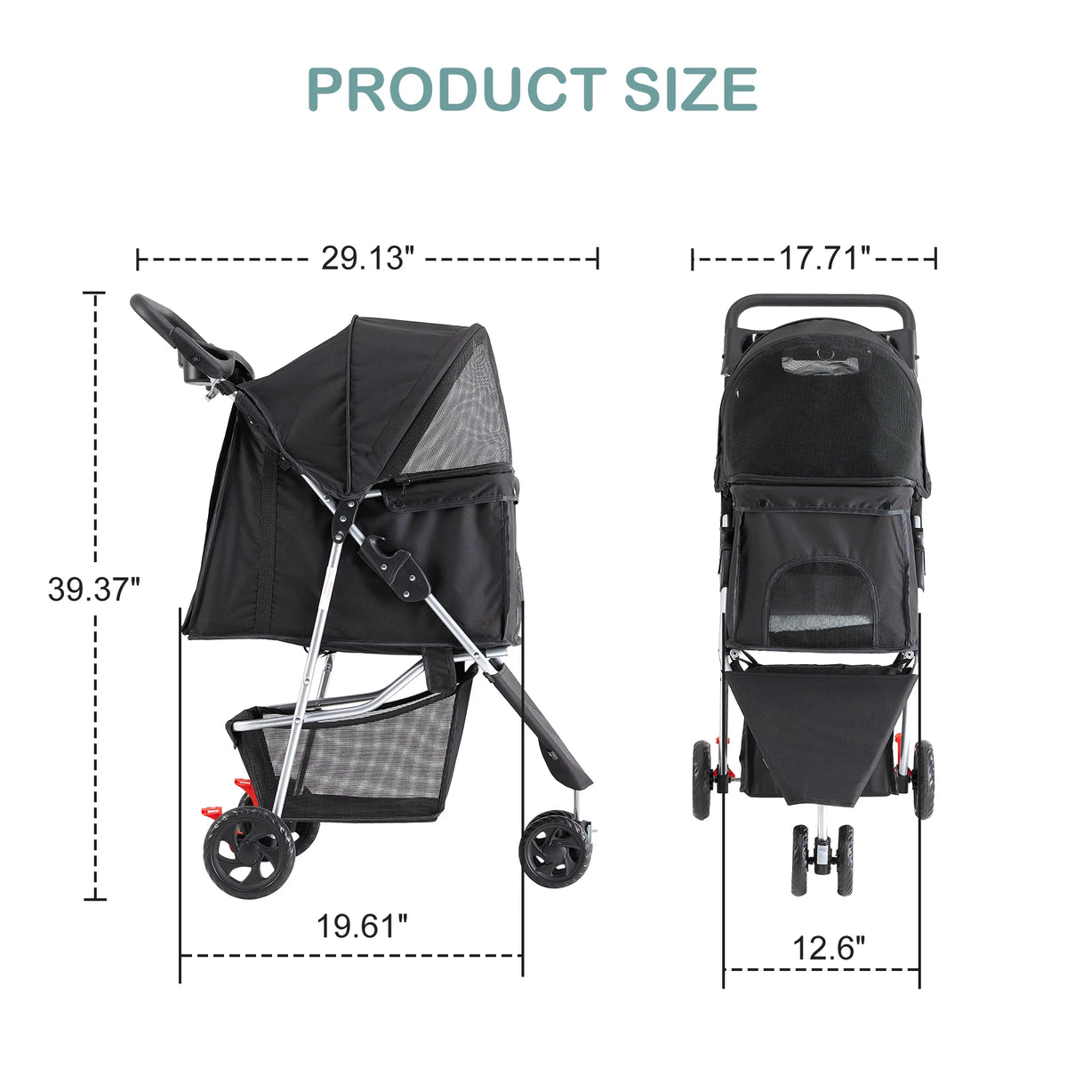 Foldable Three Wheel Pet Stroller With Storage Basket