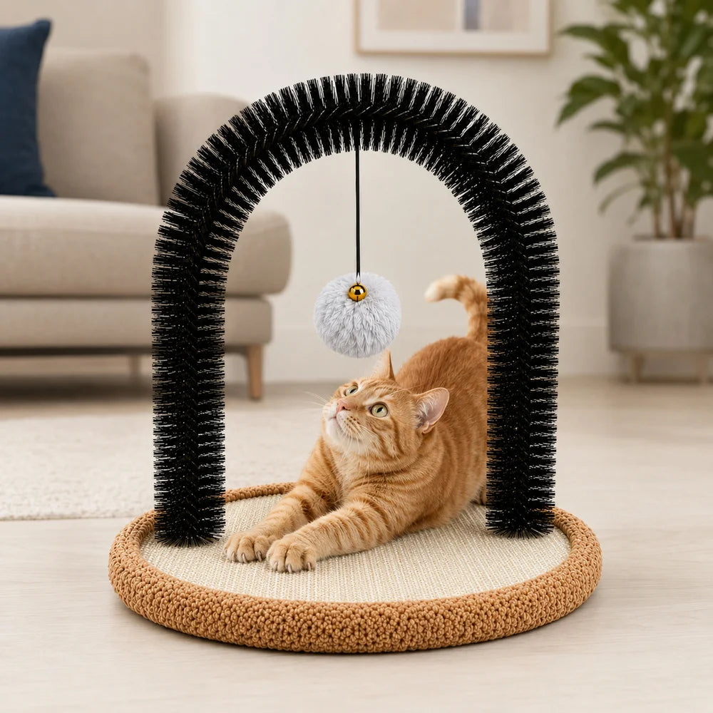 Cat Grooming Arch With Sisal Scratching Base And Plush Rest Pad