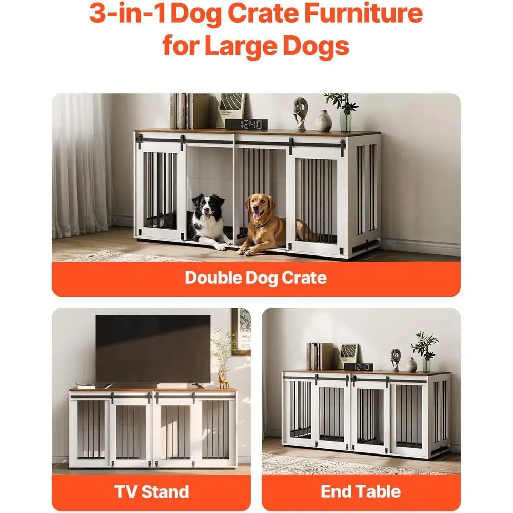 Dual Dog Crate Furniture With Sliding Doors And Removable Tray