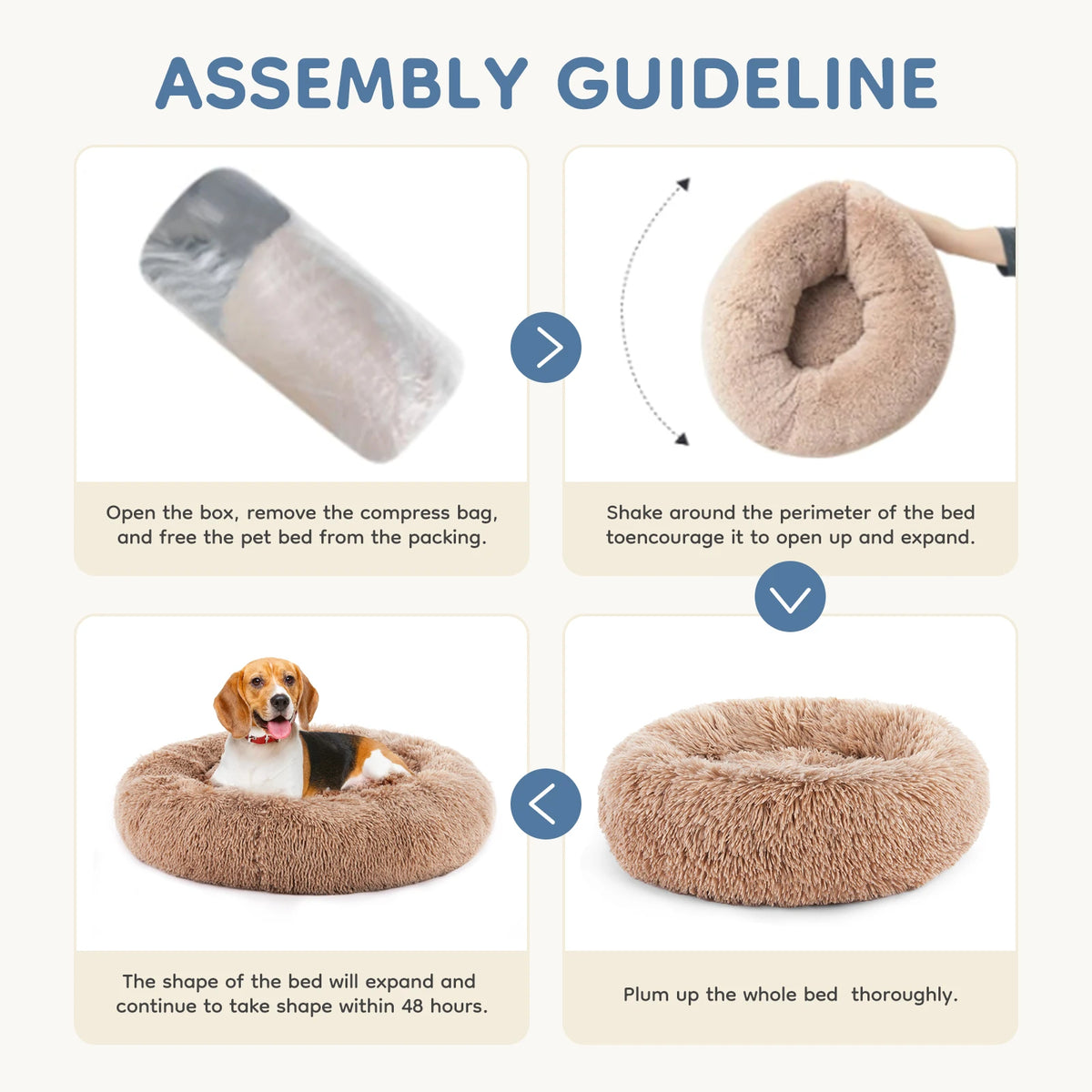 MCQ Round Faux Fur Plush Dog Bed Anti Slip Backing