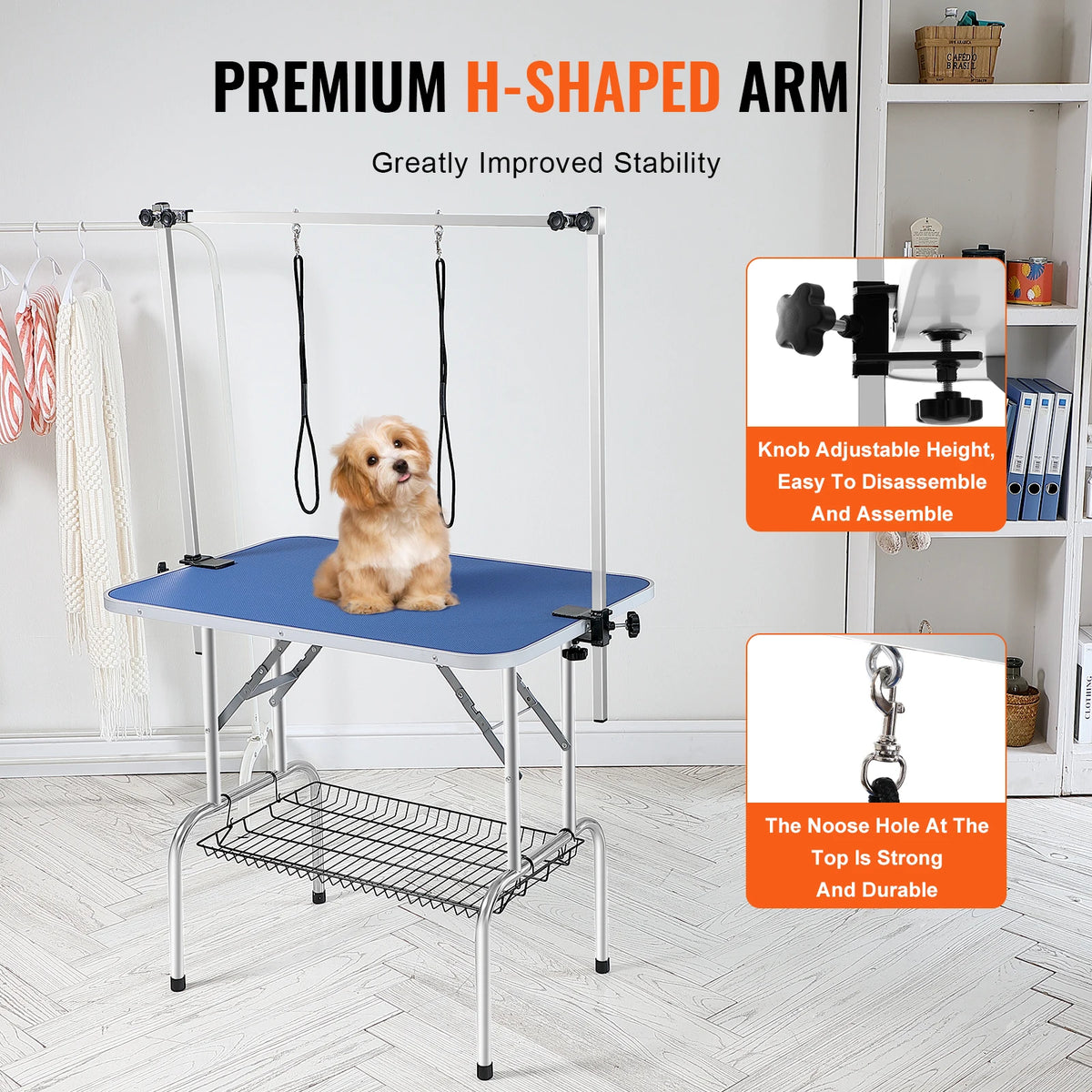 Foldable Pet Grooming Table With Dual Arms And Safety Loop