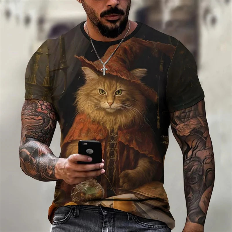 3D Printed Magical Wizard Cat Graphic T Shirt For Men###