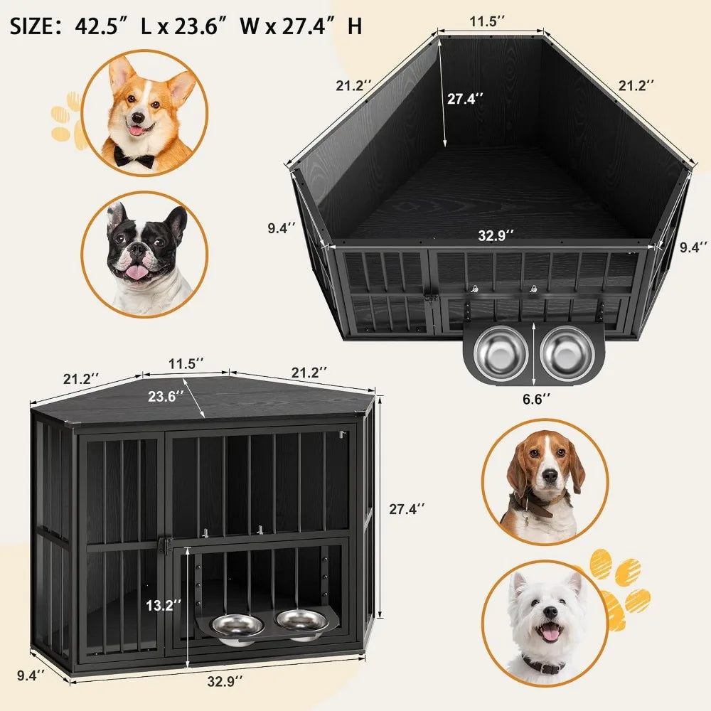 Corner Dog Crate Furniture with Feeding Bowls and Revolving Door