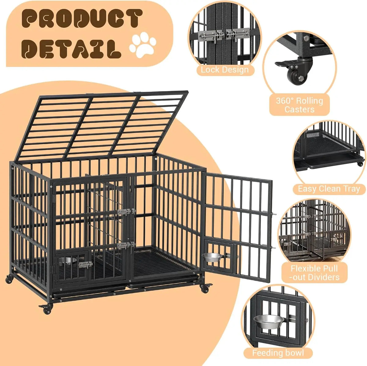 ANIXOL Heavy Duty Metal Dog Crate With Double Door Wheels