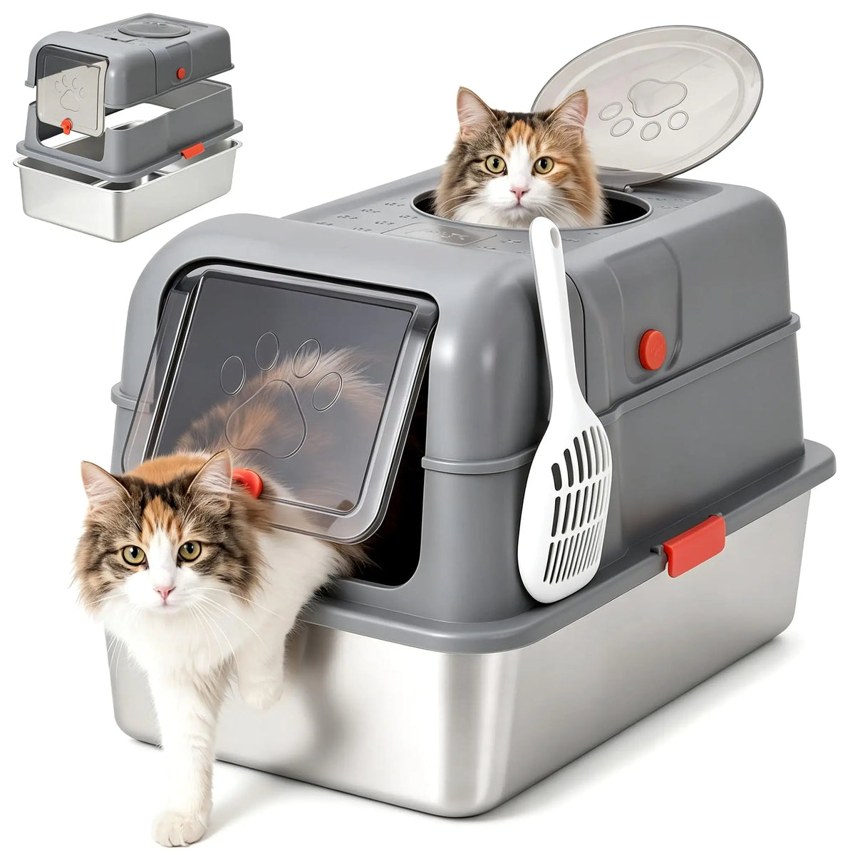 Studyset Enclosed Stainless Steel Litter Box With Lid And Scoop