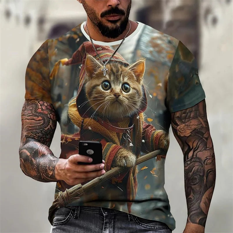 3D Printed Magical Wizard Cat Graphic T Shirt For Men###