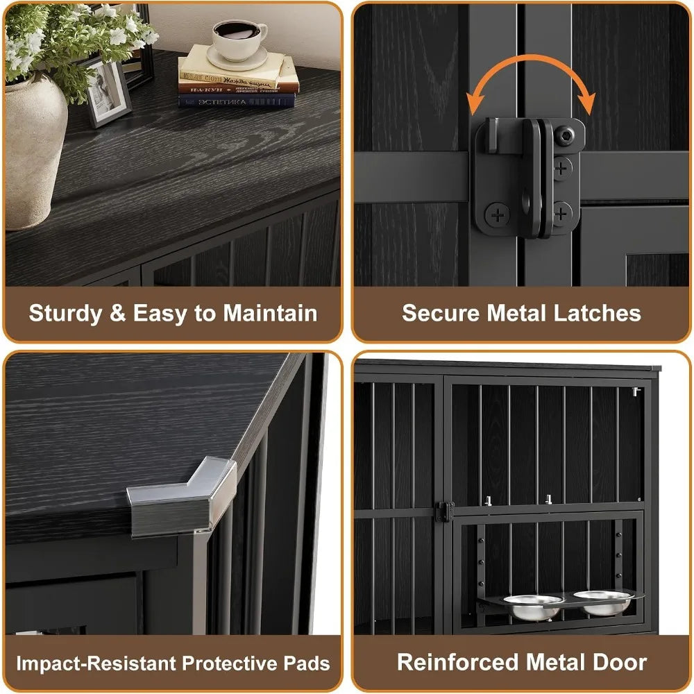 Corner Dog Crate Furniture with Feeding Bowls and Revolving Door