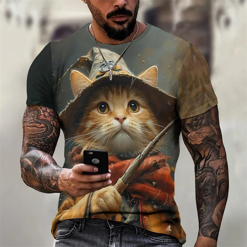 3D Printed Magical Wizard Cat Graphic T Shirt For Men###