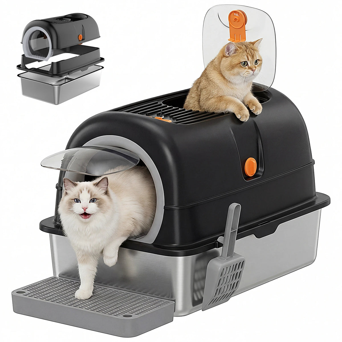 Totally Enclosed Stainless Steel Cat Litter Box With Scoop