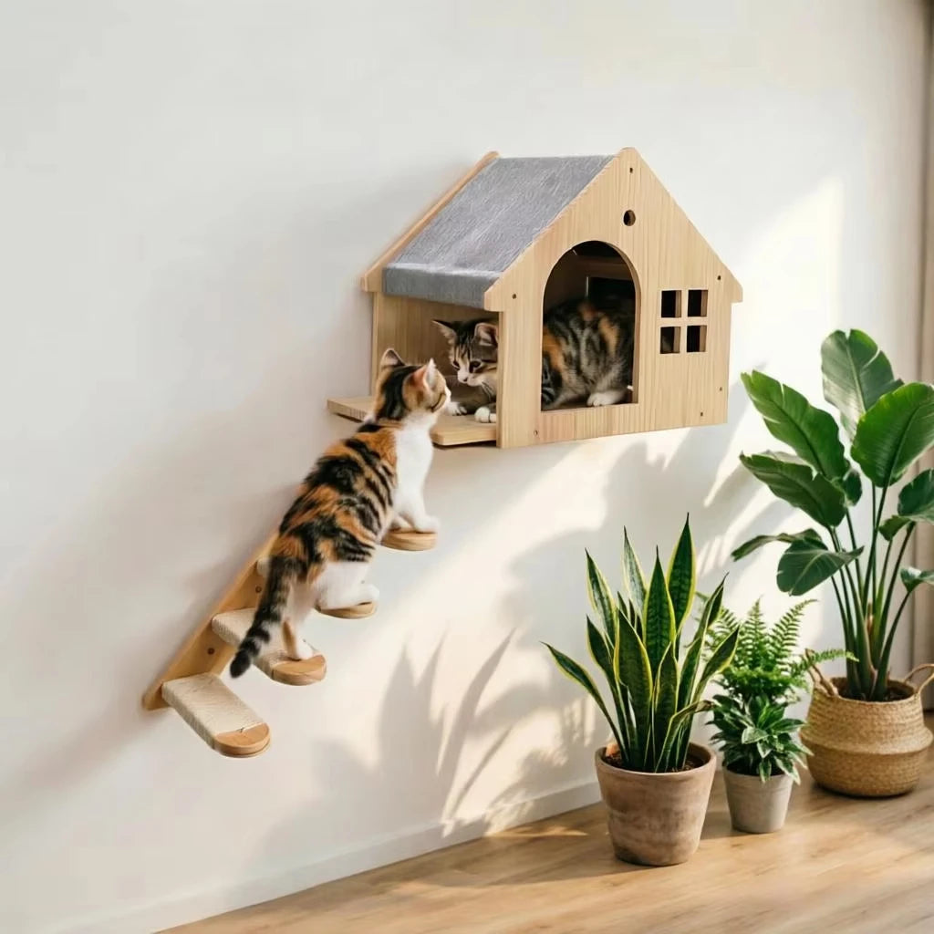 CWV Wooden Wall Mounted Cat Villa Climbing Shelf Unit