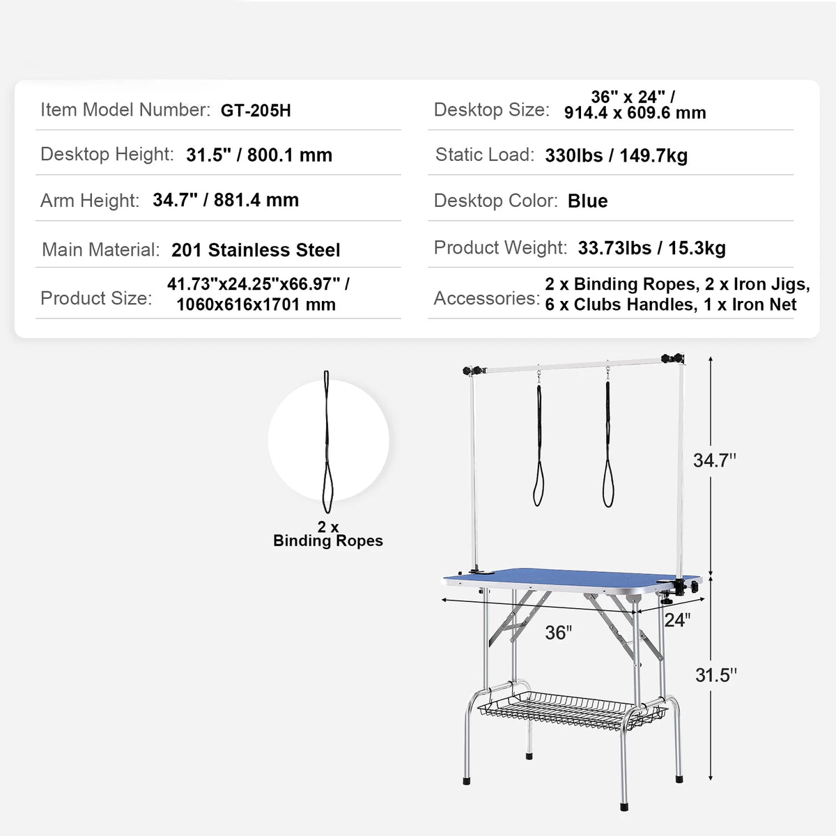 Foldable Pet Grooming Table With Dual Arms And Safety Loop