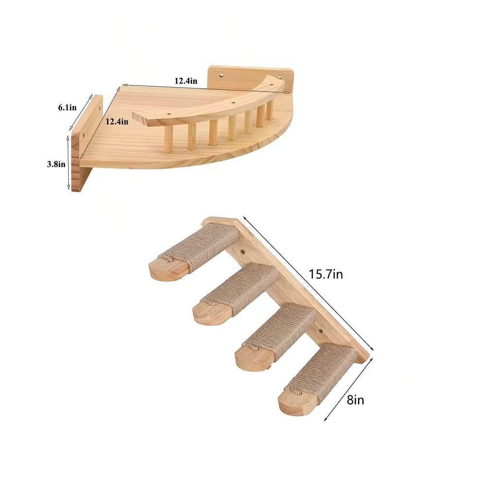 CWV Wall Mounted Wooden Corner Cat Tree And Hammock Set
