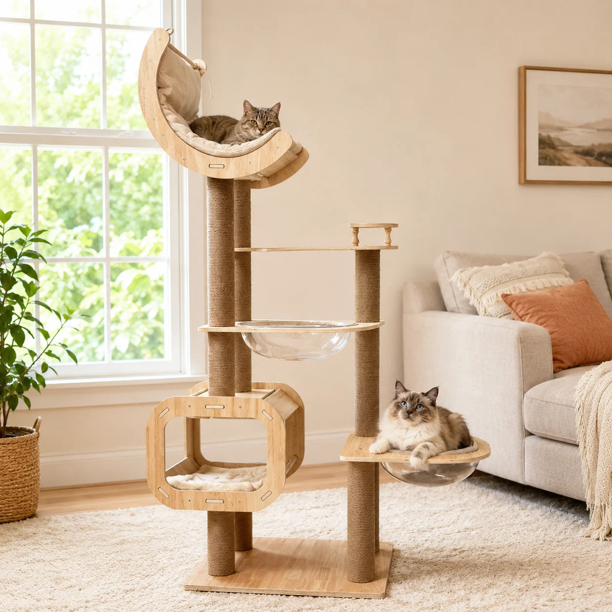 Wooden Cat Tree Tower With Moon Hammock And Sisal Posts