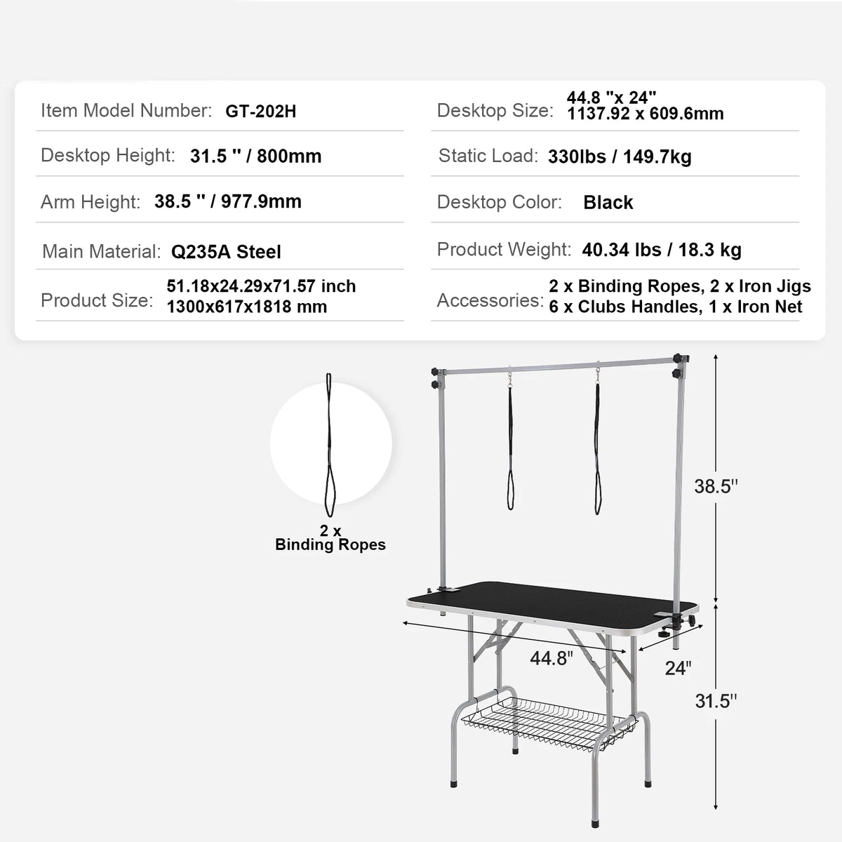 Foldable Pet Grooming Table With Dual Arms And Safety Loop