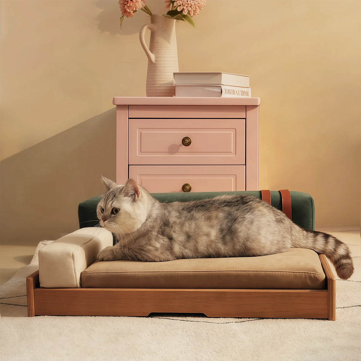 Modern Oak Veneer Pet Bed With Removable Cushion For Dogs