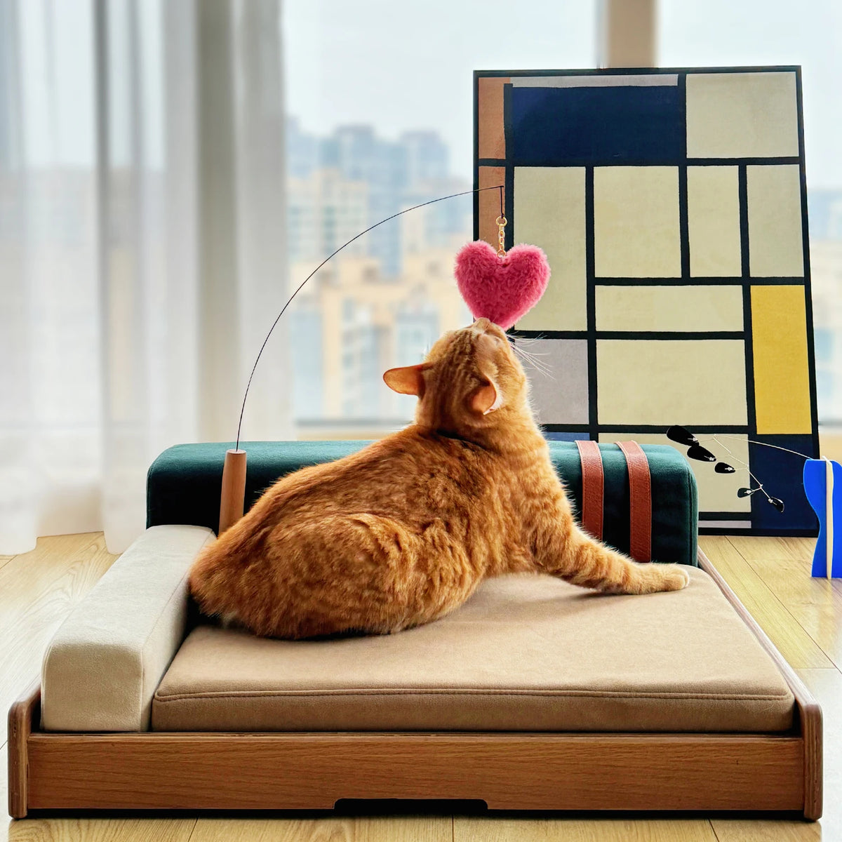 Modern Oak Veneer Pet Bed With Removable Cushion For Dogs
