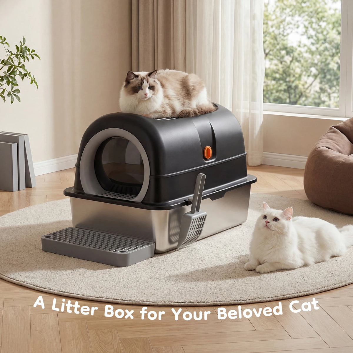 Totally Enclosed Stainless Steel Cat Litter Box With Scoop