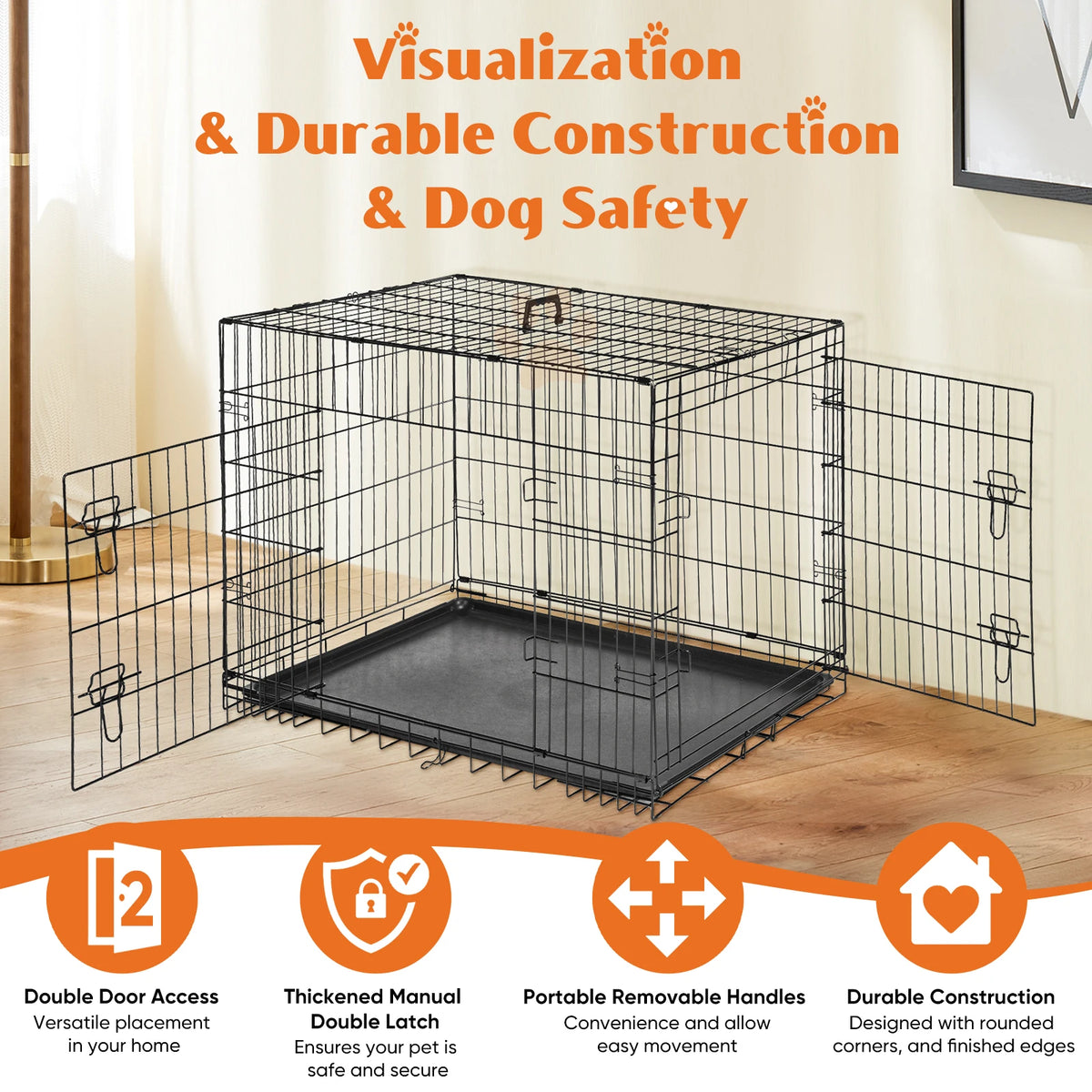 JHK Premium Foldable Metal Dog Kennel With Leak Proof Pan