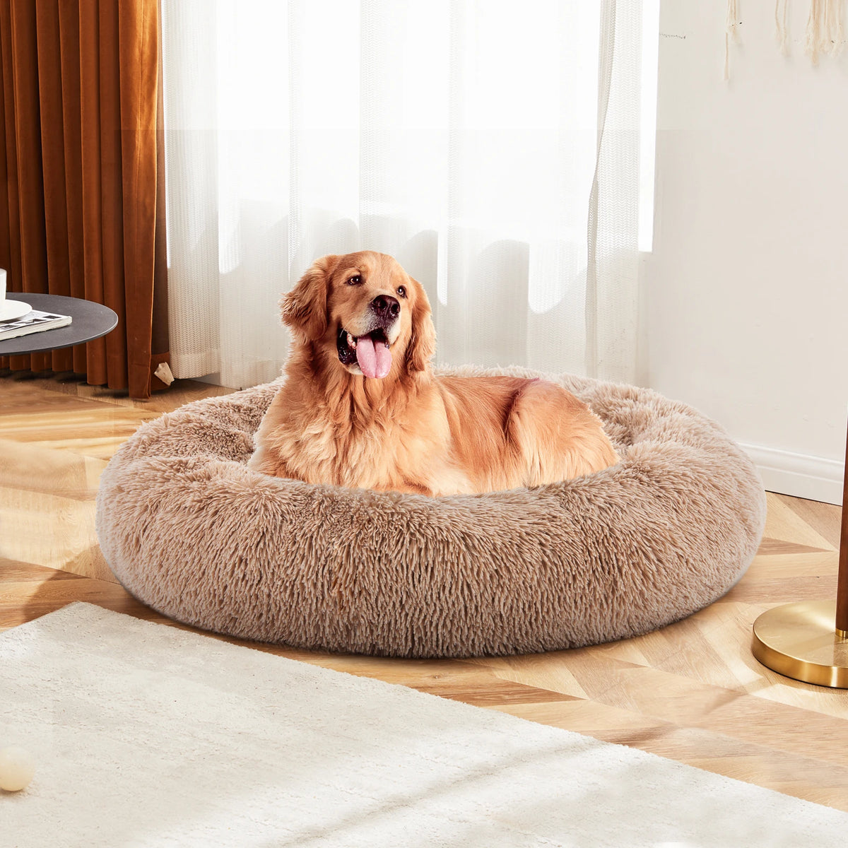 MCQ Round Faux Fur Plush Dog Bed Anti Slip Backing
