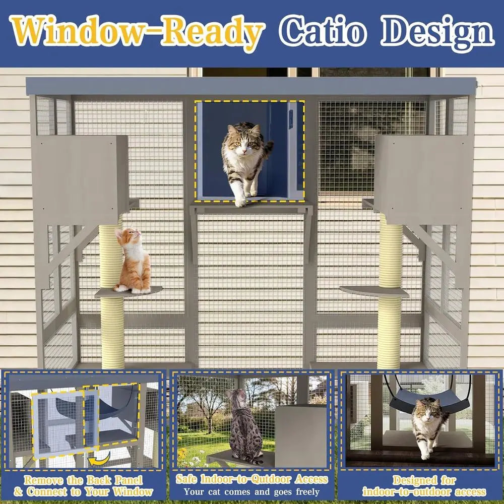 Walk In Outdoor Cat Enclosure With Multiple Platforms And Hammock