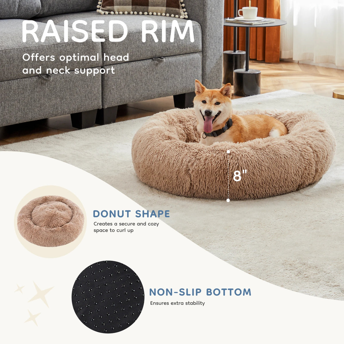 MCQ Round Faux Fur Plush Dog Bed Anti Slip Backing