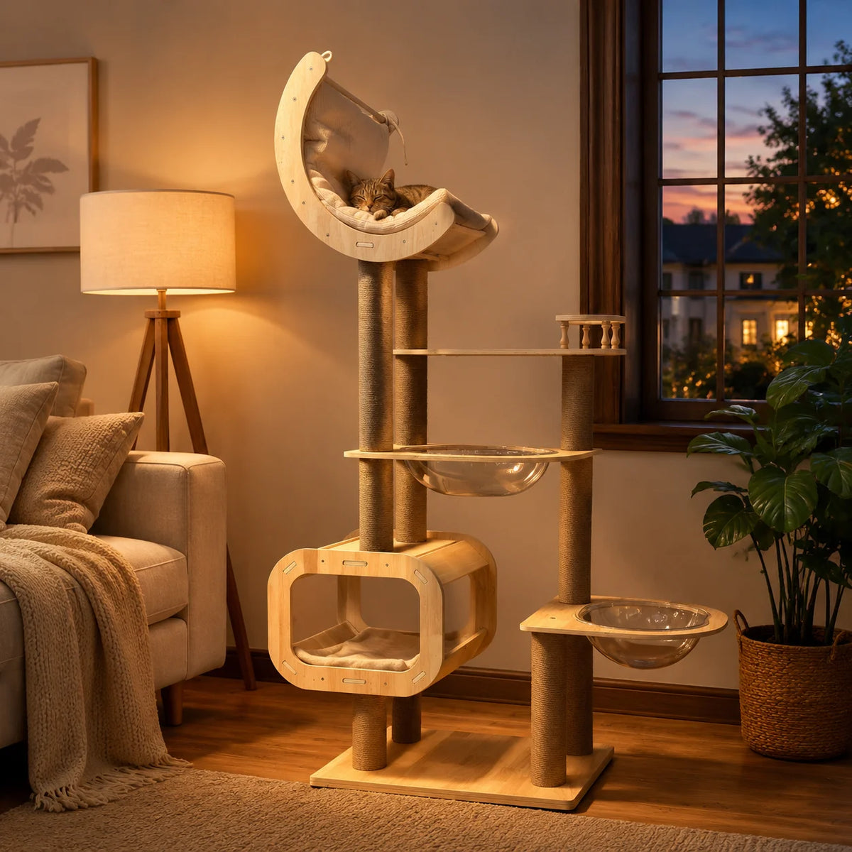 Wooden Cat Tree Tower With Moon Hammock And Sisal Posts